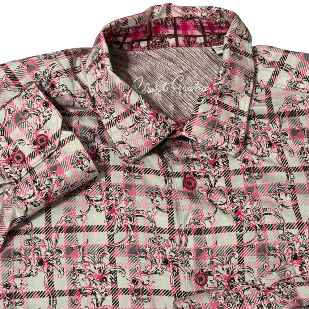 Robert Graham Vine Pink Plaid Floral Flip Cuff Long Sleeve Classic Fit Men Shirt